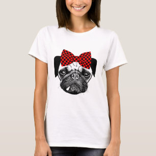 Camiseta Cheques rojos de perro de pug hembra doblan arte o