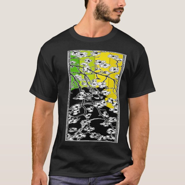 Camiseta Cherry Blossom Flowers Cat Black Stripes Green and (Anverso)