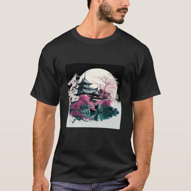 Camiseta Cherry Blossom Japanese Castle with Moon and Water (Anverso)