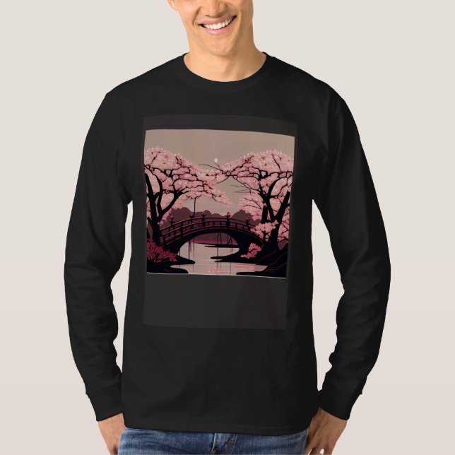 Camiseta Cherry Blossom River and Bridge Artwork Stunning G (Anverso)