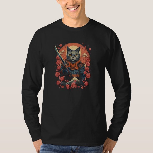 Camiseta Cherry Blossom Samurai Cat Classic Japanese Style  (Anverso)