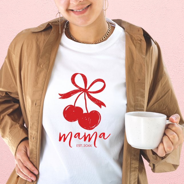 Camiseta Cherry Cute Bow Rojo Mama (Hand Drawn Cherry Cute Bow Red Mama T-Shirt)