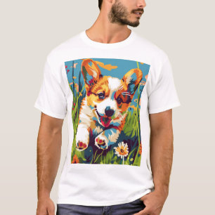 Camiseta Chibi Adorable Corgi Puppy Corriendo en el Jardín