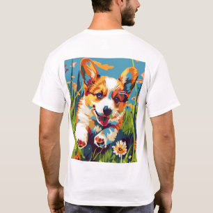 Camiseta Chibi Adorable Corgi Puppy Corriendo en el Jardín