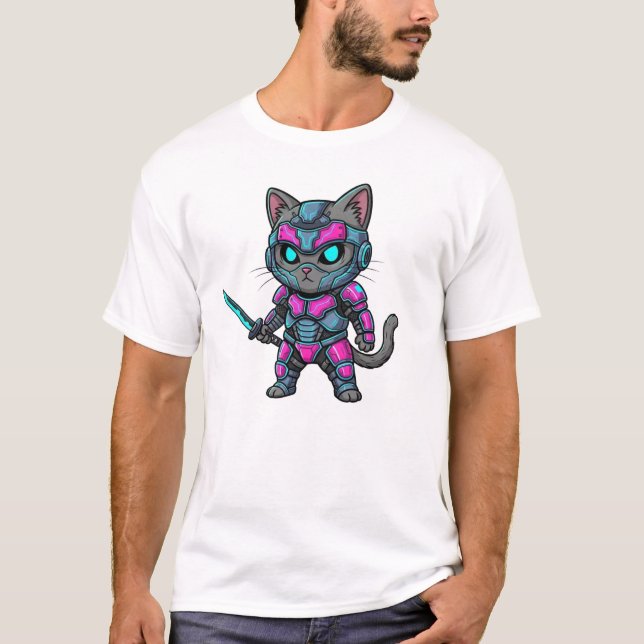 Camiseta Chibi Cyber Ninja Cat – Neon Armor (Anverso)