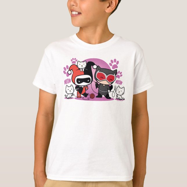 Camiseta Chibi Harley Quinn & Chibi Catwoman With Cats (Anverso)