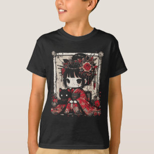 Camiseta Chibi Kimono Chica Flores de gato negro Art japoné