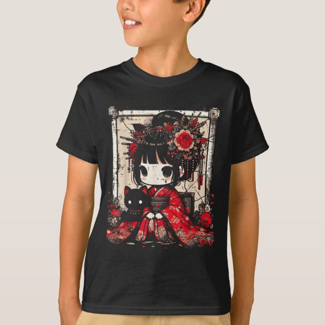 Camiseta Chibi Kimono Girl Black Cat Flowers Japanese Art W (Anverso)