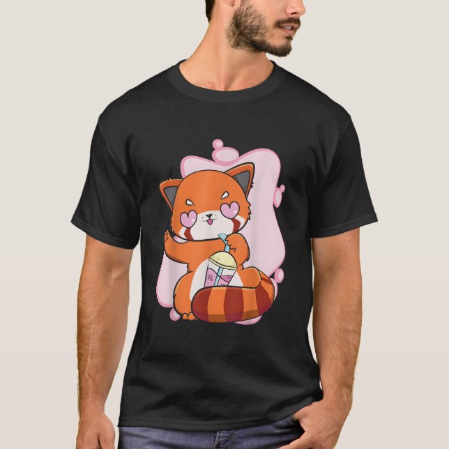 Camiseta Chibi Panda Rojo Con Burbuja De Té De Boba Otaku A (Anverso)