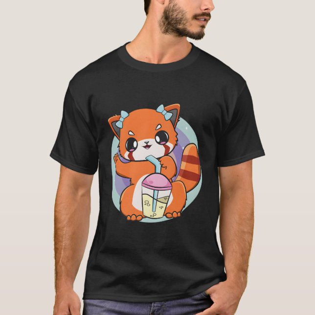 Camiseta Chibi Red Panda Con Boba Tea Bubble Otaku Anime B (Anverso)