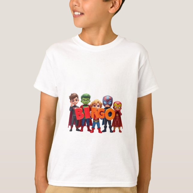 Camiseta Chibi Superheroes Spell "BINGO" (Anverso)