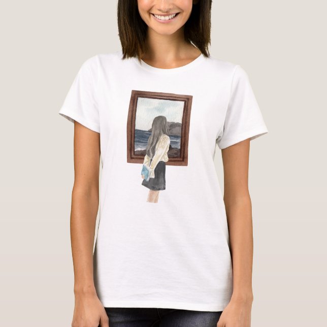 Camiseta Chica acuarela observando el océano (Anverso)