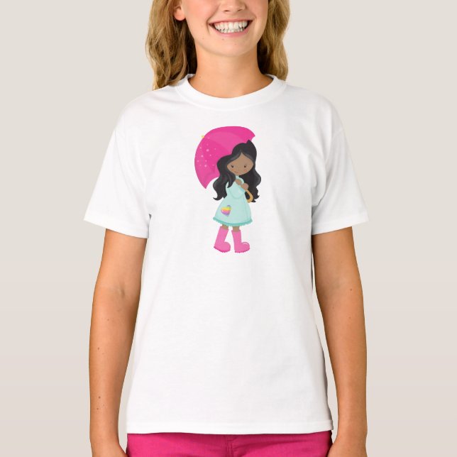 Camiseta Chica afroamericano, lluvias, abrigo, paraguas (Anverso)