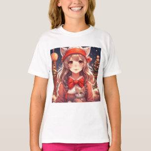 Camiseta Chica anime bonita sosteniendo gatito Navidad