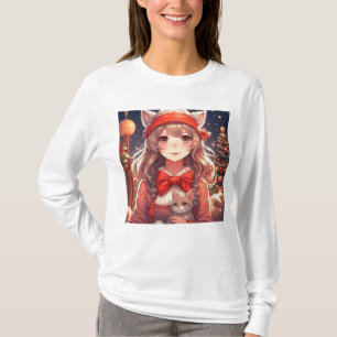 Camiseta Chica anime bonita sosteniendo gatito Navidad