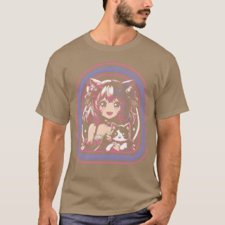 Camiseta Chica Anime Con Su Gato Amigos Anime
