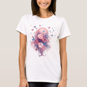 Camiseta Chica anime floral con cabello rosa lindo y maripo