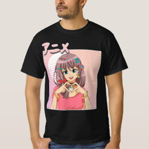 Camiseta Chica anime japonés retro vaporwave estético rosad