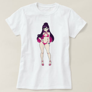 Camiseta Chica Anime Pin-Up en Bikini Rosado con Recortes