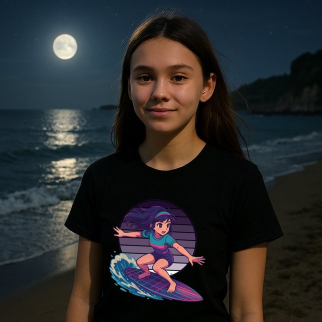 Camiseta Chica Anime Retro Vaporwave Moon Surfer (Subido por el creador)