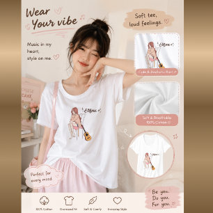 Camiseta Chica Anime Sentada con gato y Notas Musicales – E