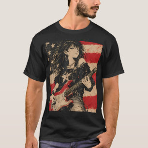 Camiseta Chica Anime Tocando la Guitarra 4 de Julio EEUU