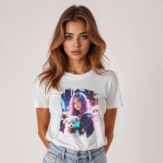 Camiseta Chica anime y cachorro: Ciudad nocturna caprichosa (Subido por el creador)