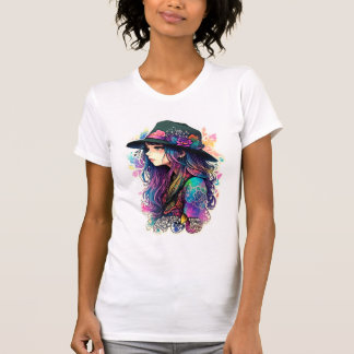 Camiseta Chica Artística Vibrante con Sombrero de Ala Ancha