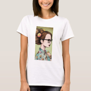 Camiseta Chica asiática nerd sosteniendo libros