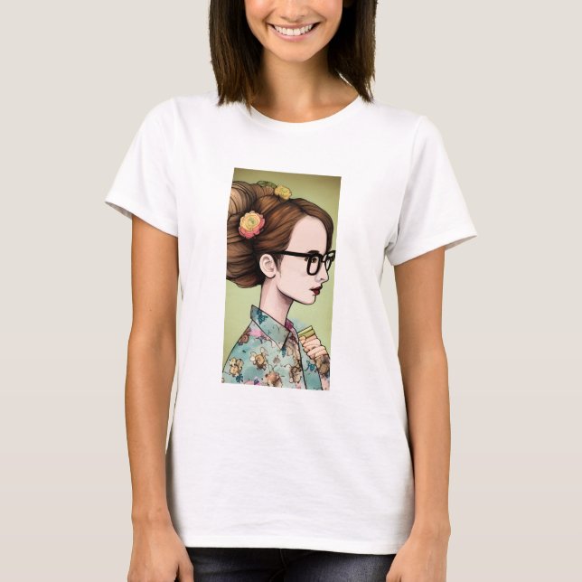 Camiseta Chica asiática nerd sosteniendo libros (Anverso)