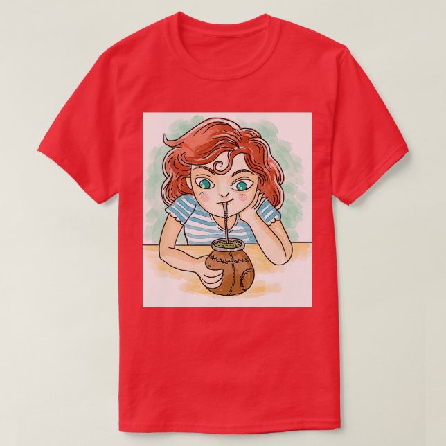 Camiseta chica bebiendo yerba mate en perfusión caliente (Diseño del anverso)
