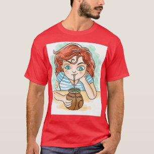 Camiseta chica bebiendo yerba mate en perfusión caliente