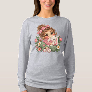 Camiseta Chica Chibi Adorable Estilo Bordado Floral Otoño A