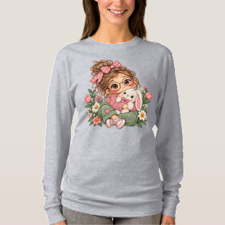 Camiseta Chica Chibi Adorable Estilo Bordado Floral Otoño A