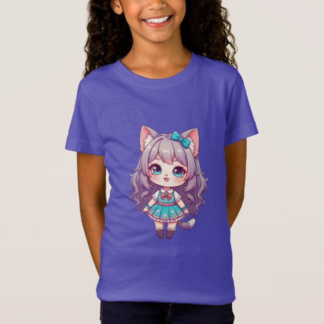 Camiseta Chica Chibi Gato con Vestido Turquesa (Anverso)