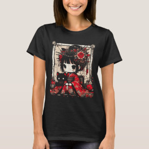 Camiseta Chica Chibi Kimono Gato Negro Flores Arte Japonés