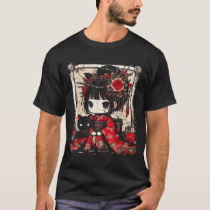 Camiseta Chica Chibi Kimono Gato Negro Flores Arte Japonés