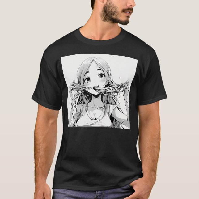 Camiseta Chica comiendo espagueti manga (Anverso)