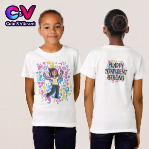 Camiseta Chica con auriculares flexionando segura y relajad
