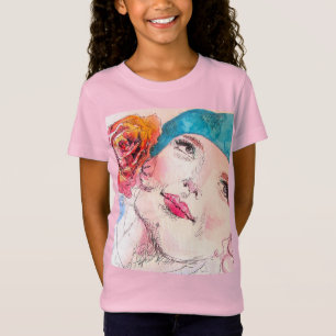 Camiseta Chica con Chicas Red Rose Beret Watercolor Pink