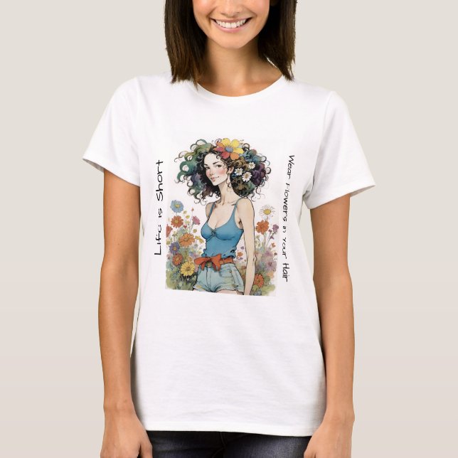 Camiseta Chica con flores silvestres en el pelo (Anverso)