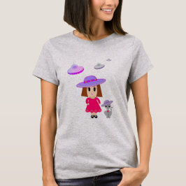 Camiseta Chica con gato y platillos volantes