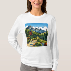 Camiseta Chica con mochila caminando por un sendero natural