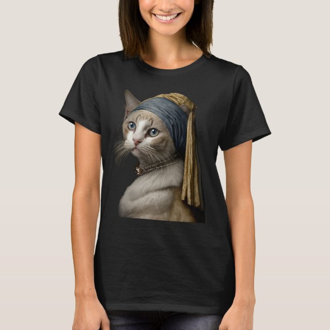 Camiseta Chica con un pendiente de perla  Gato (Anverso)