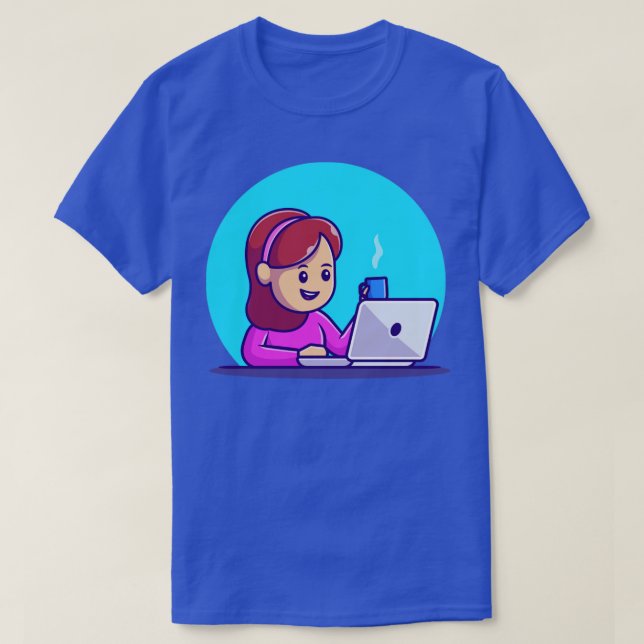 Camiseta Chica Cute Trabajando En Portátil Con Café De Copa (Diseño del anverso)