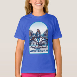 Camiseta Chica de Ámsterdam con bicicleta en puente