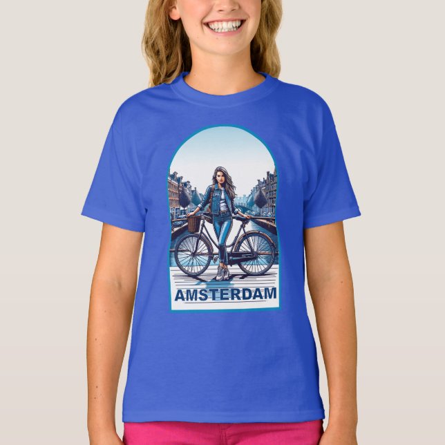 Camiseta Chica de Ámsterdam con bicicleta en puente (Anverso)