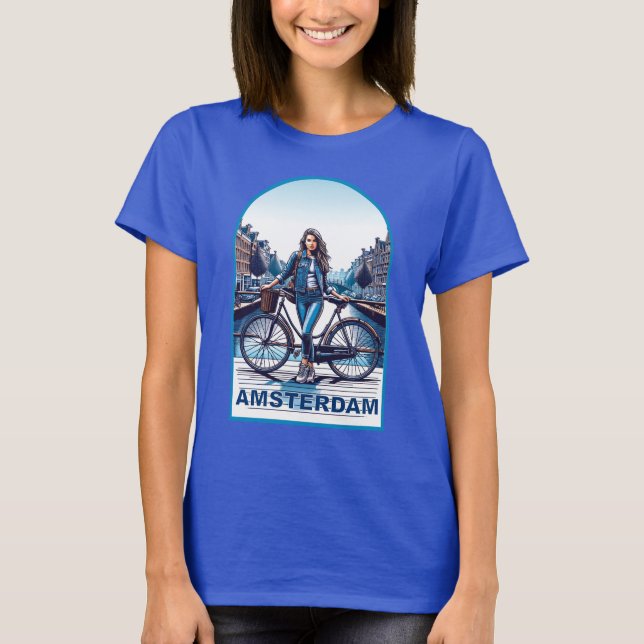 Camiseta Chica de Ámsterdam con bicicleta en puente (Anverso)