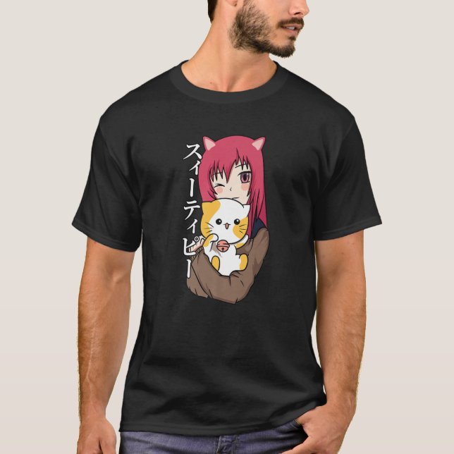 Camiseta Chica de anime adolescente - amante del gato - Art (Anverso)