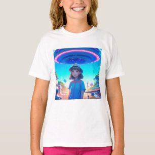 Camiseta Chica de anime bajo un OVNI en la ciudad
